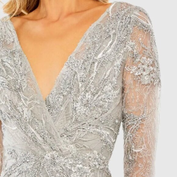 Mac Duggal 20336 Size 8 Silver Embellished Wrap V-Neck 3/4 Sleeve Midi‎ Dress - Picture 4 of 8